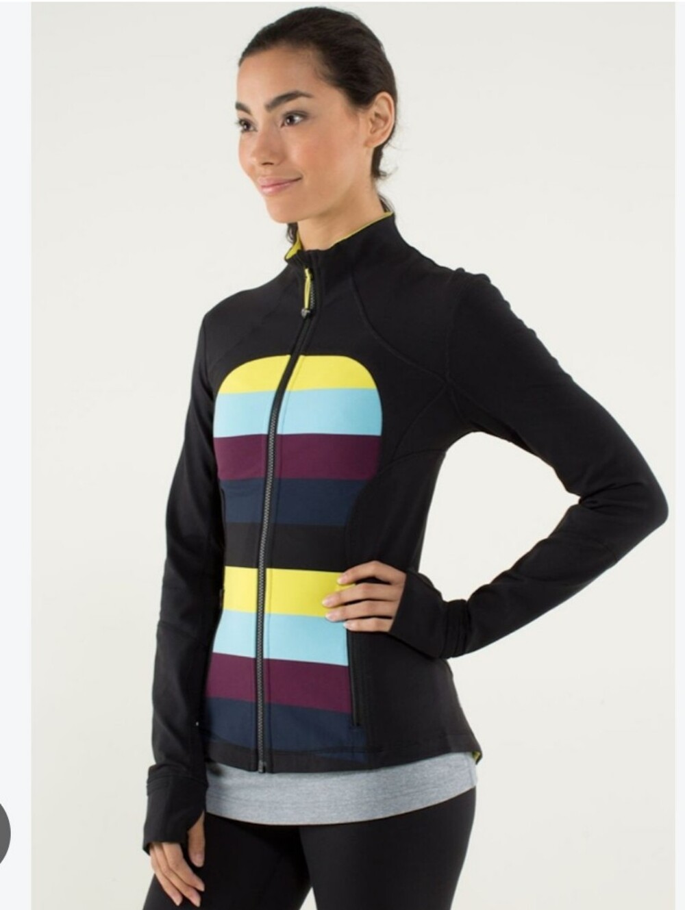 Lululeom Women’s Black Zip-Front Jacket with Multicolor Stripe Panel